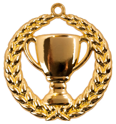 Eine goldene Trophäe, umgeben von einem Lorbeerkranz mit einer kleinen Schlaufe zum Aufhängen an der Oberseite, gefertigt aus hochwertigem Material für ein exklusives Design, das an die Medaillen Hannover 70 mm PK79306 erinnert.